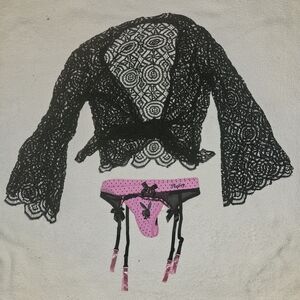 Vintage Y2K Playboy Panties Garter Set  Black Lace Bell Sleeve Tie Front Top MED
